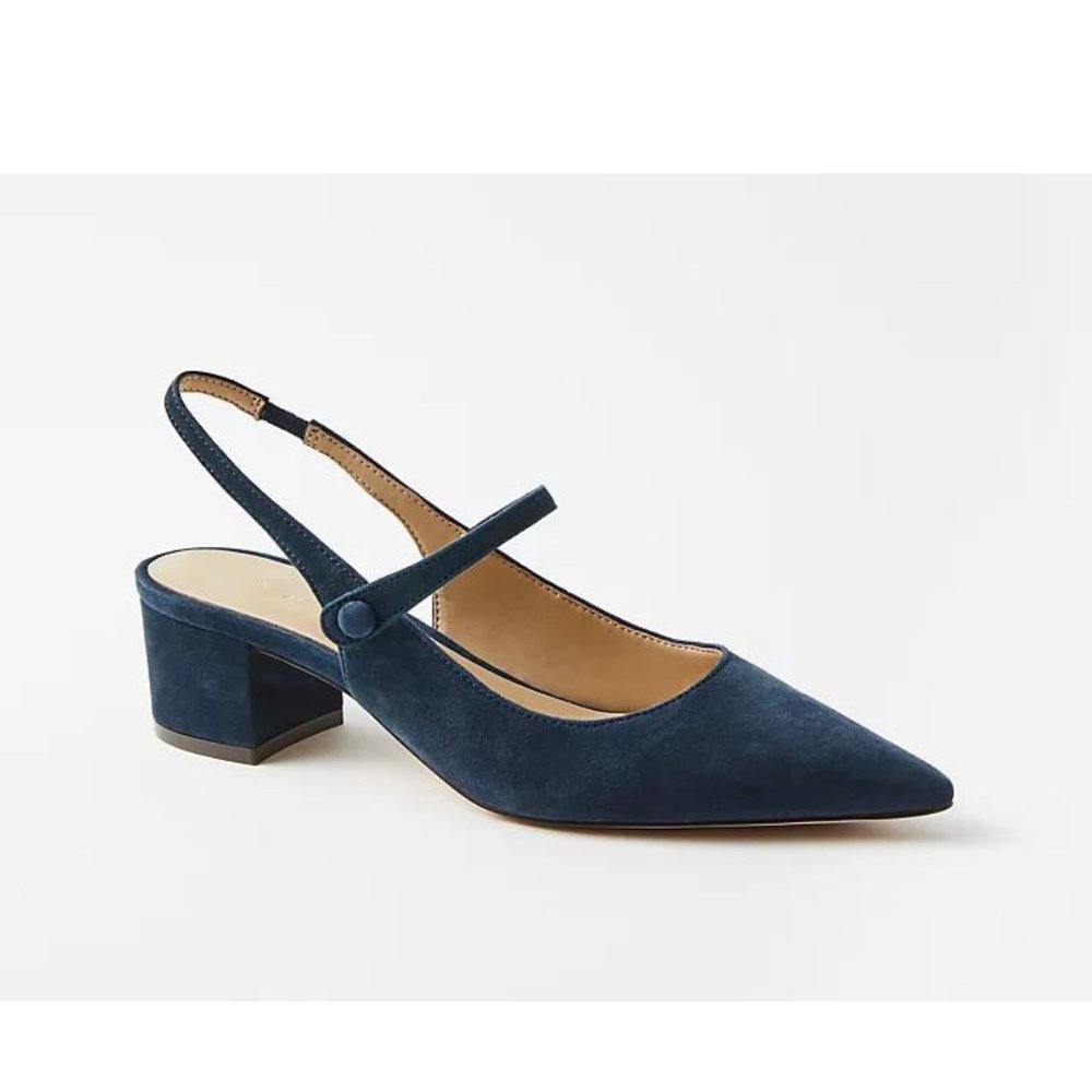 Ann Taylor Navy Suede Slingback Low Block Heel Pumps